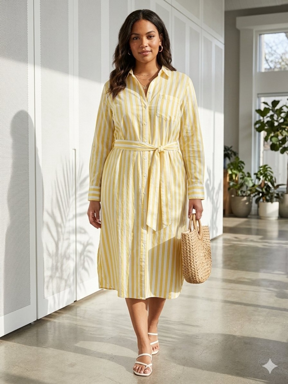 Alex Marie Yellow and White Striped Midi Shirt Dress with Tie Waist
